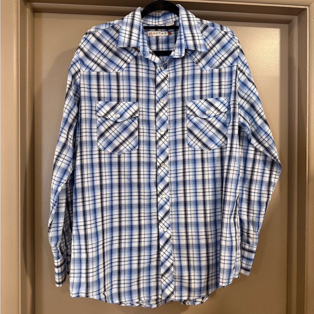 Men's Blue and White Plaid pearl snap Roper shirt